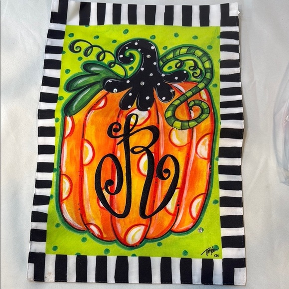 Colorful Pumpkin Garden Flag with Initial R, embroidered, 2 sided, sequin detail - Picture 1 of 8